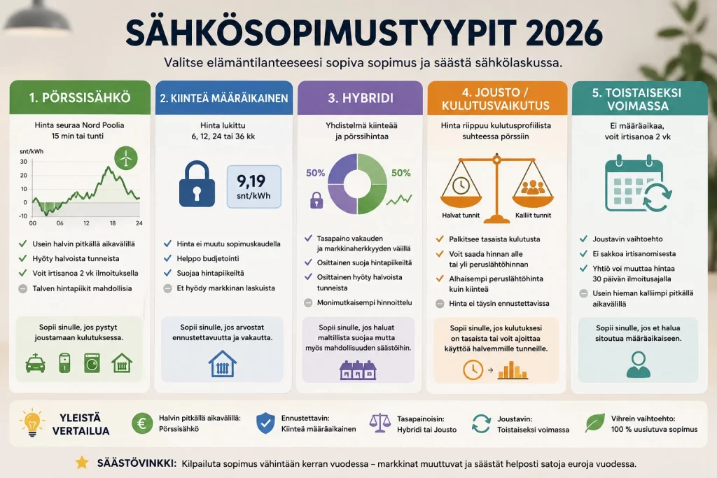 Infograafi eri sähkösopimustyypeistä vuonna 2026 – pörssisähkö, kiinteä määräaikainen, hybridi, Jousto ja toistaiseksi voimassa oleva sopimus